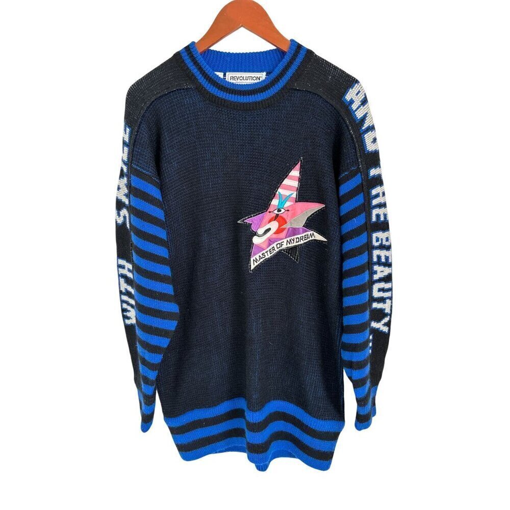 Vtg Revolution Graphic Knit Sweater "Master Of My Dream" Design Striped
